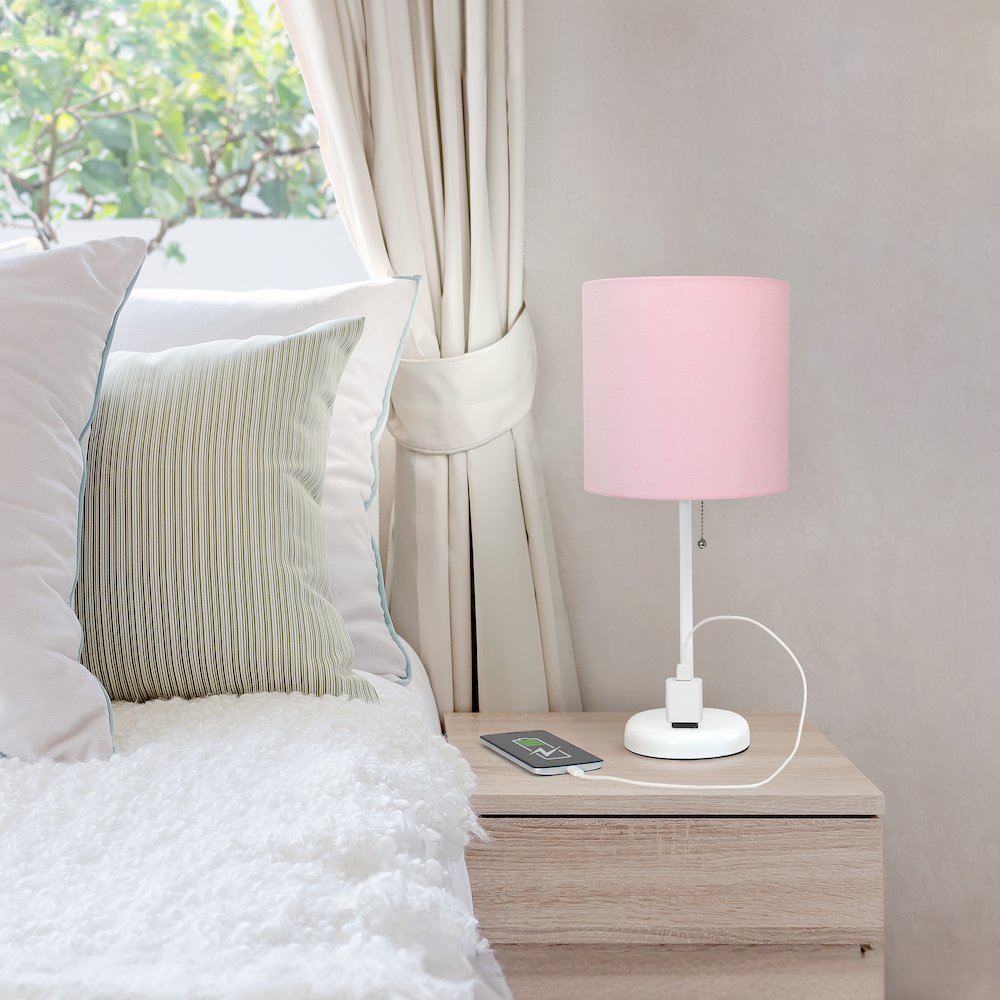 19.5" White Table Lamp with Charging Outlet, Pink Shade. Picture 7