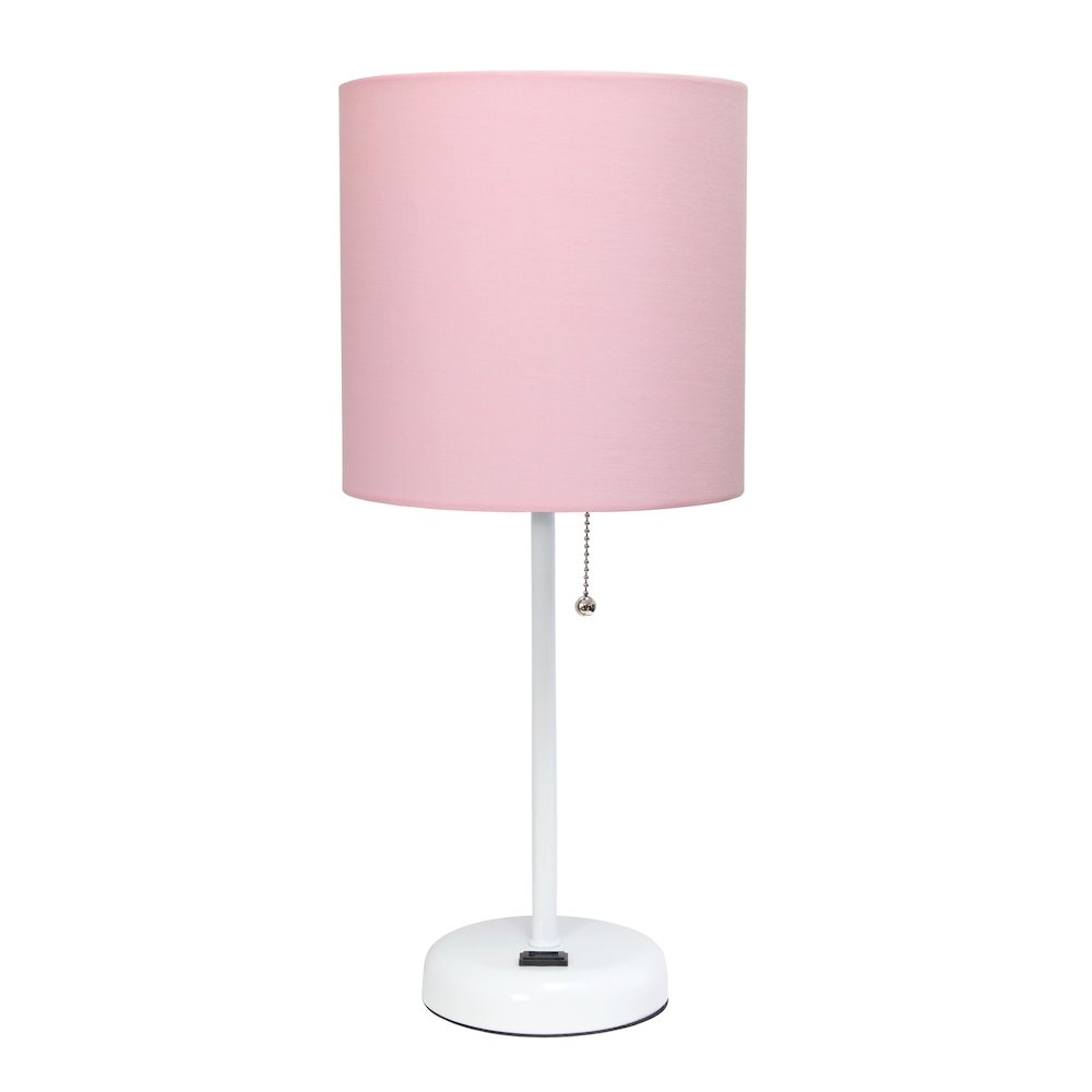 19.5" White Table Lamp with Charging Outlet, Pink Shade. Picture 1