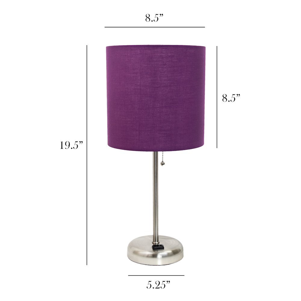 19.5" Brushed Steel Table Lamp with Charging Outlet, Purple Shade. Picture 5
