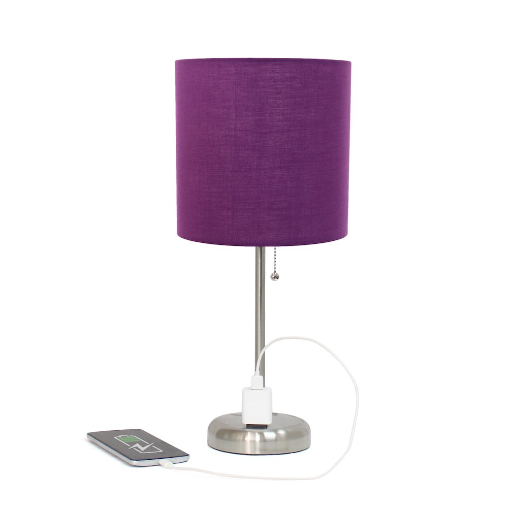 19.5" Brushed Steel Table Lamp with Charging Outlet, Purple Shade. Picture 6