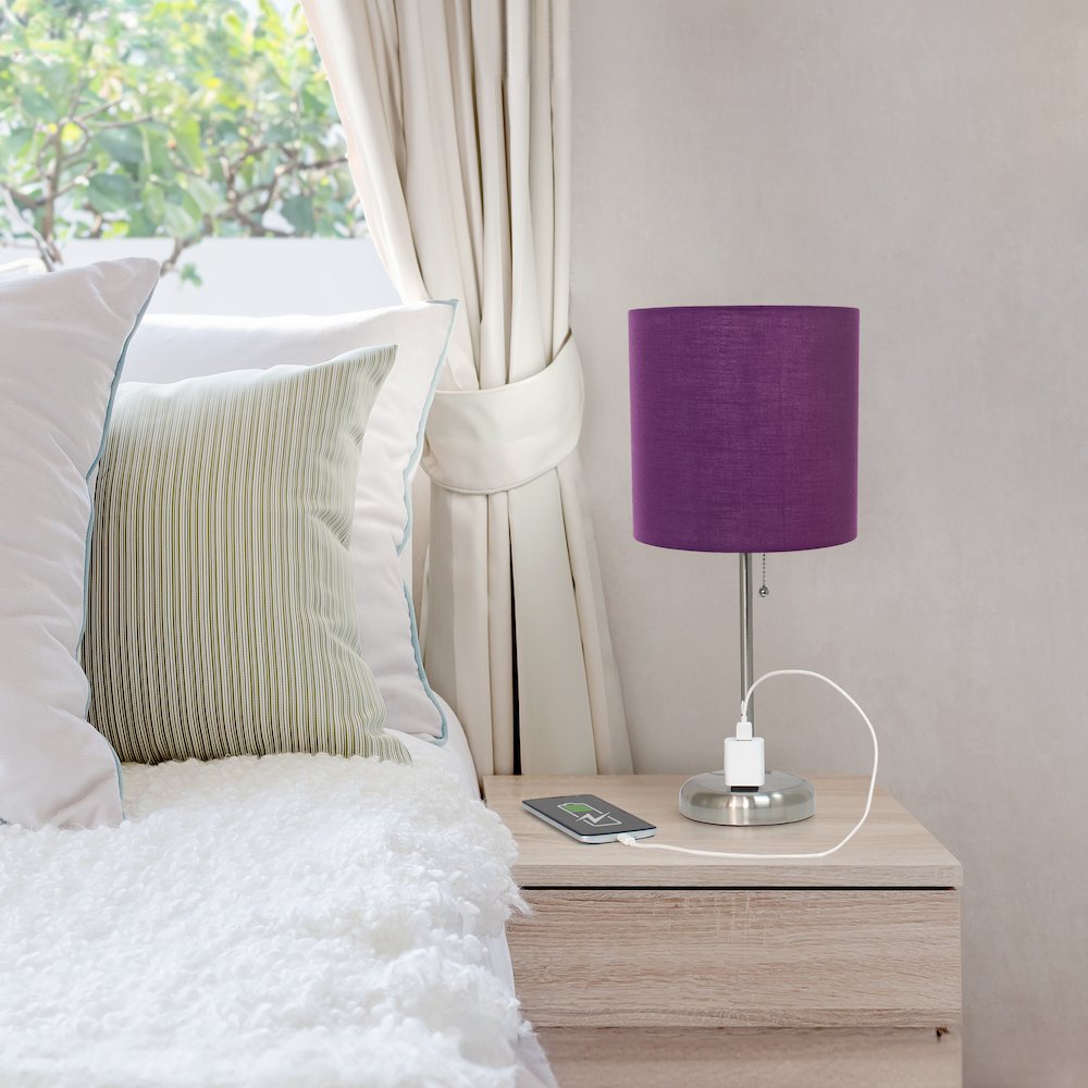 19.5" Brushed Steel Table Lamp with Charging Outlet, Purple Shade. Picture 7