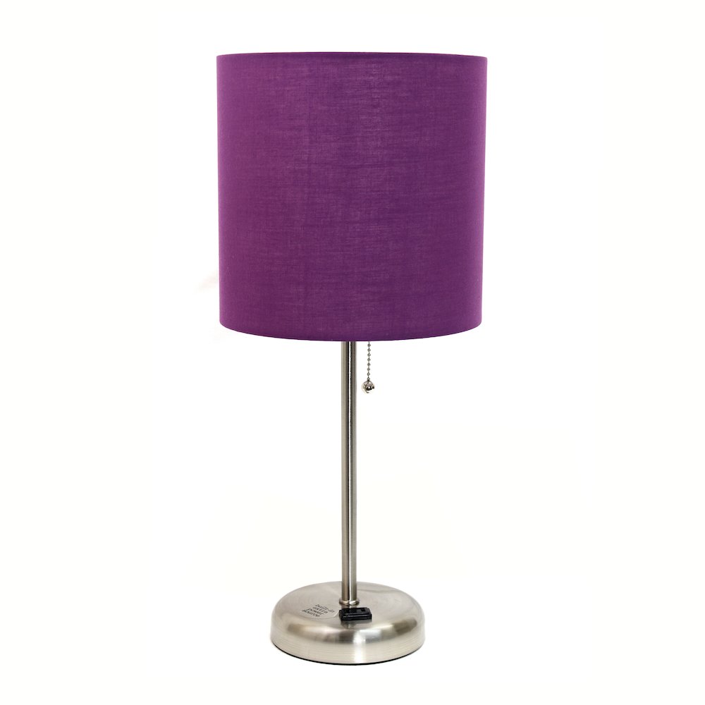 19.5" Brushed Steel Table Lamp with Charging Outlet, Purple Shade. Picture 1