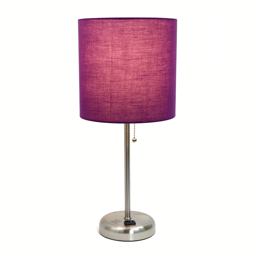 19.5" Brushed Steel Table Lamp with Charging Outlet, Purple Shade. Picture 9