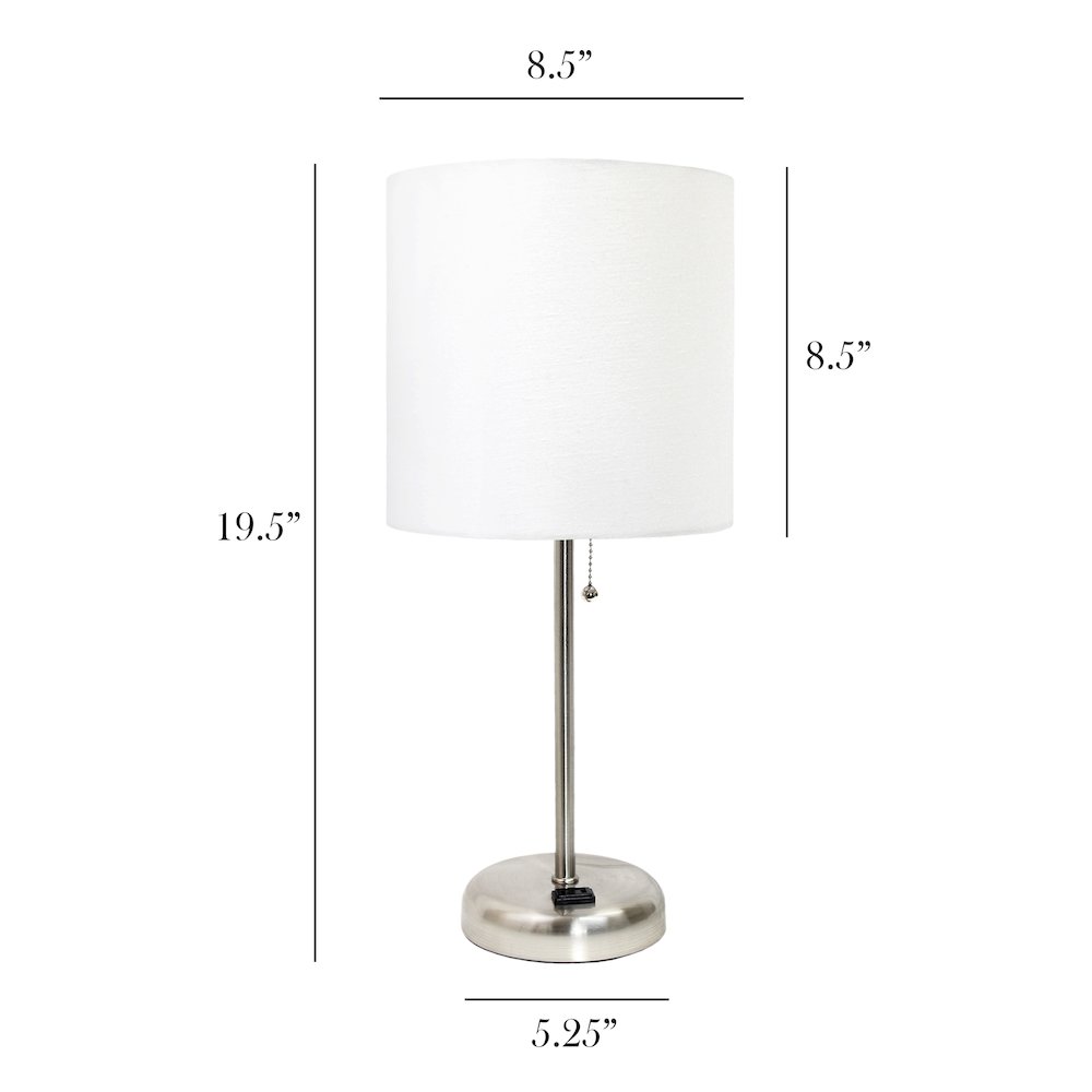 19.5" Brushed Steel Table Lamp with Charging Outlet, White Shade. Picture 5