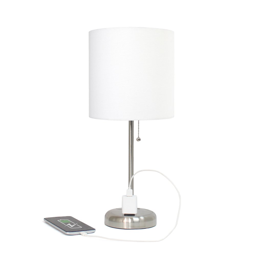 19.5" Brushed Steel Table Lamp with Charging Outlet, White Shade. Picture 6