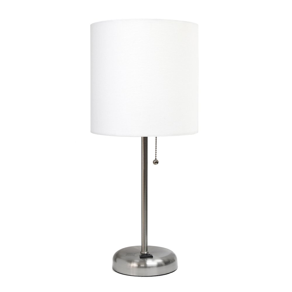 19.5" Brushed Steel Table Lamp with Charging Outlet, White Shade. Picture 1