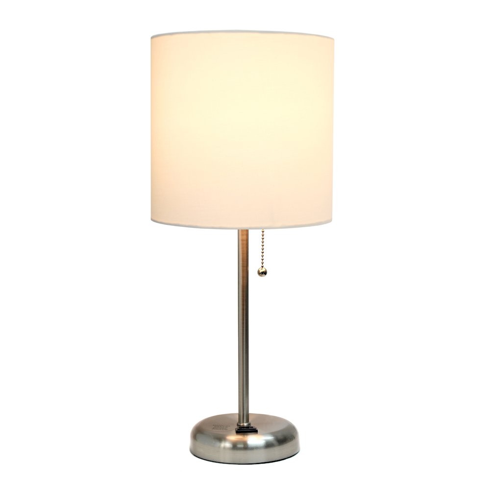 19.5" Brushed Steel Table Lamp with Charging Outlet, White Shade. Picture 8