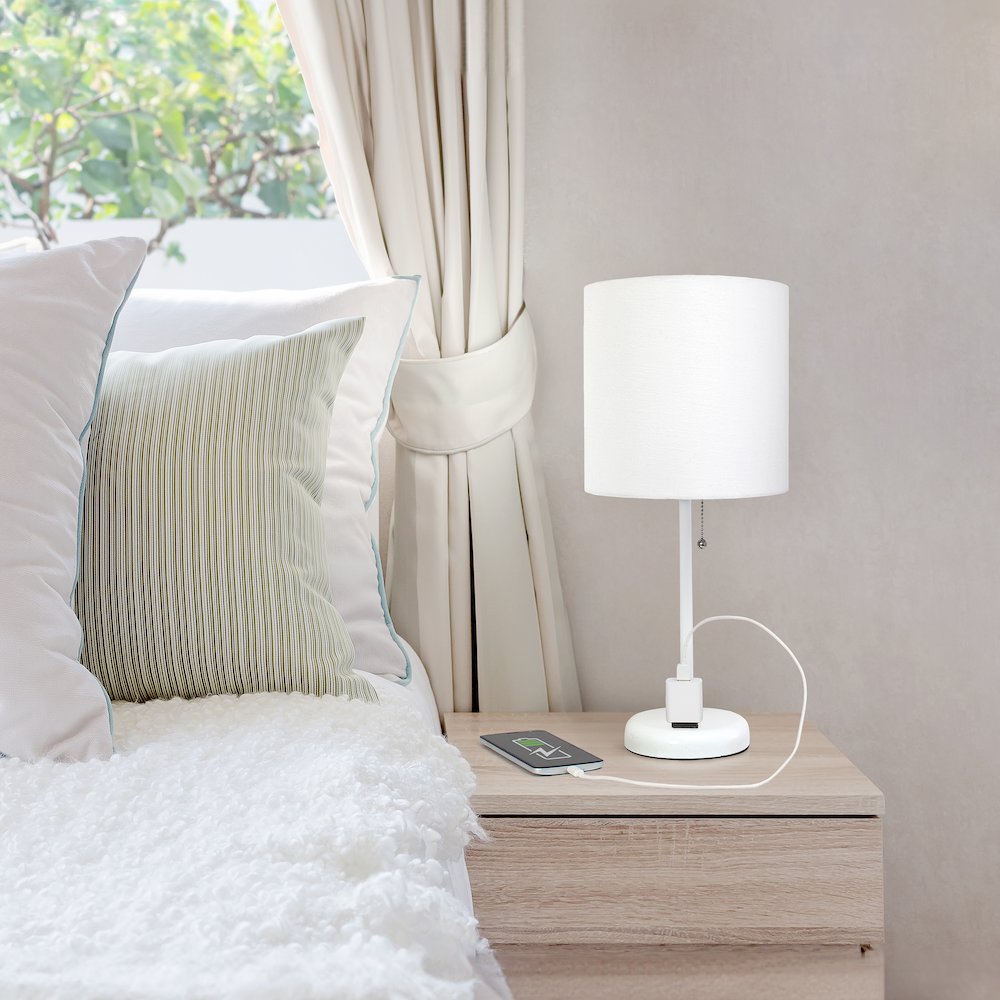 19.5" White Table Lamp with Charging Outlet, White Shade. Picture 7
