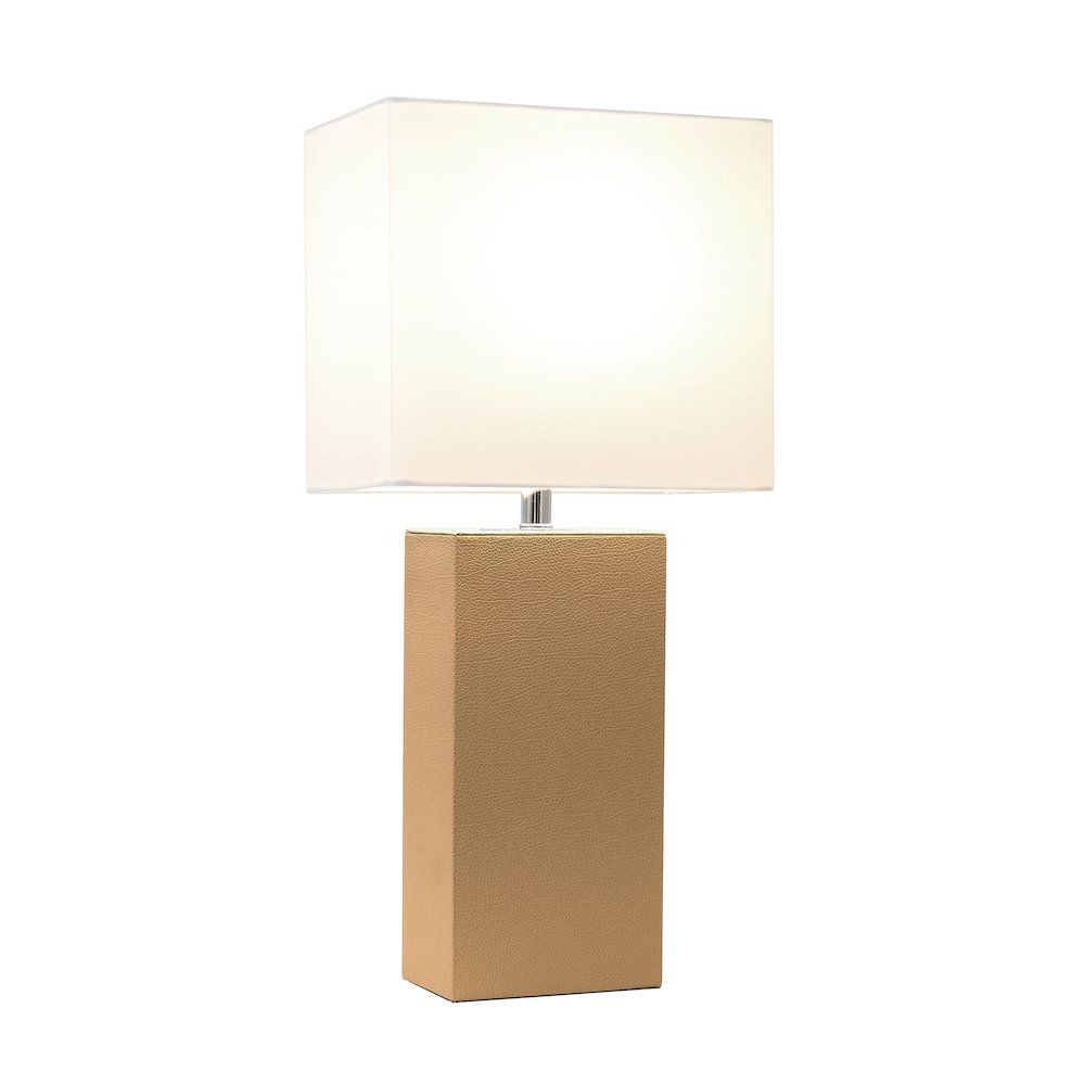 21" Contemporary Faux Leather Encased Table Lamp, Beige. Picture 9