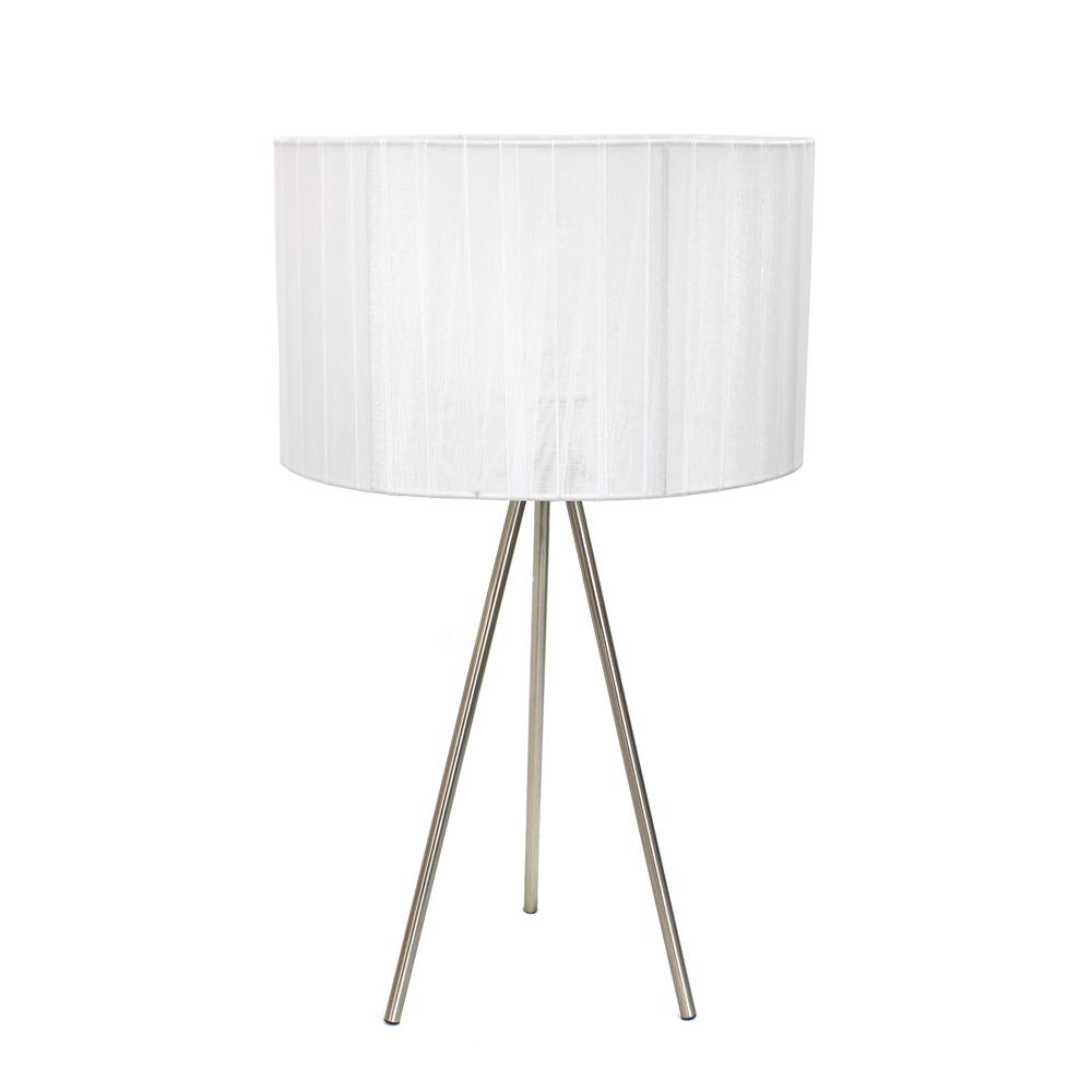 Brushed Nickel Tripod Table Lamp with Pleated Silk Sheer Shade. Picture 1