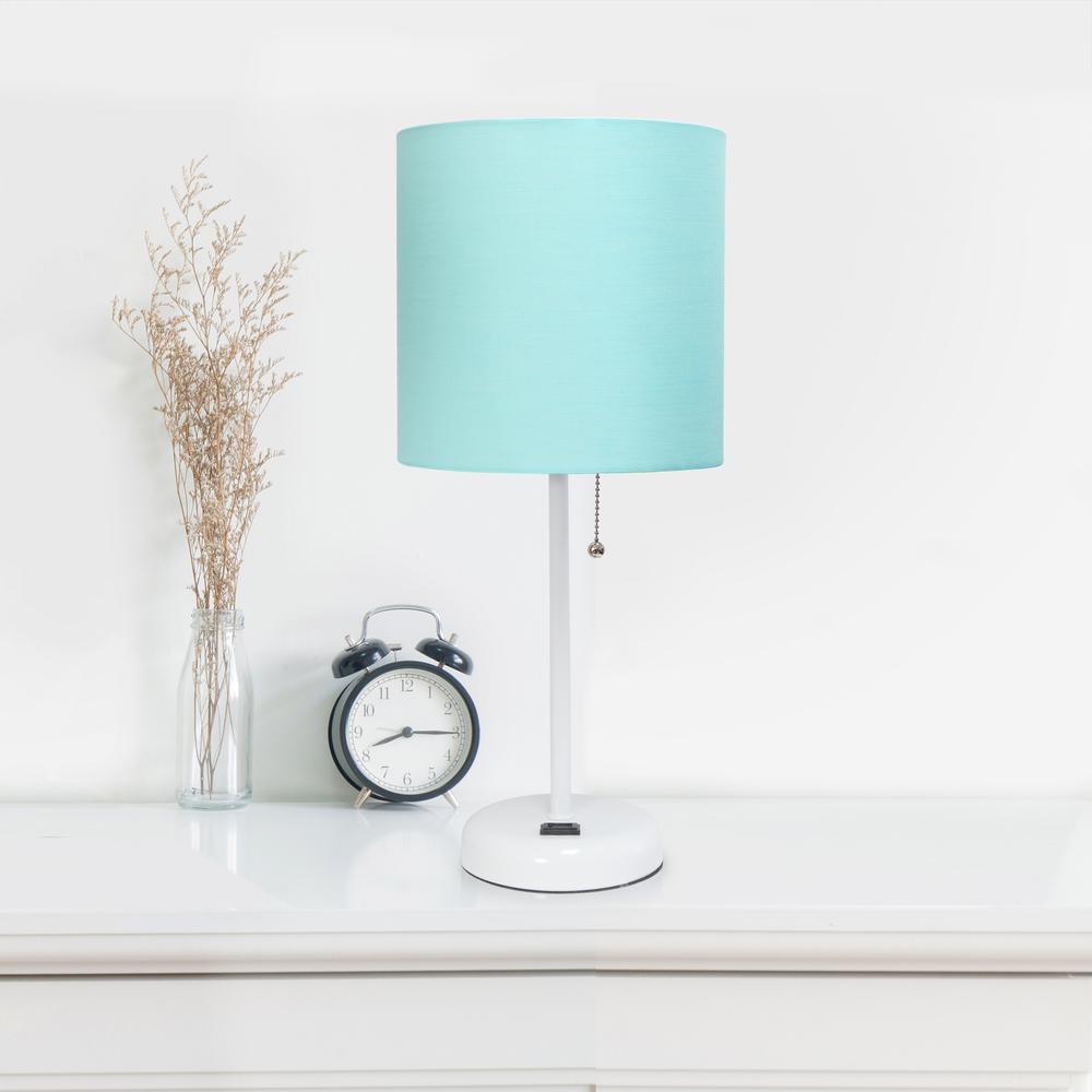 LimeLights White Stick Lamp with Charging Outlet and Fabric Shade, Aqua 
