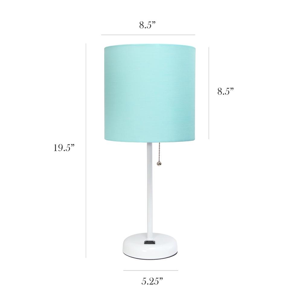 LimeLights White Stick Lamp with Charging Outlet and Fabric Shade, Aqua. Picture 4