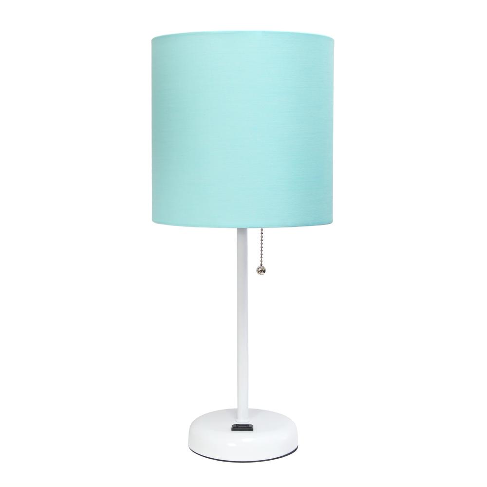 LimeLights White Stick Lamp with Charging Outlet and Fabric Shade, Aqua. Picture 7