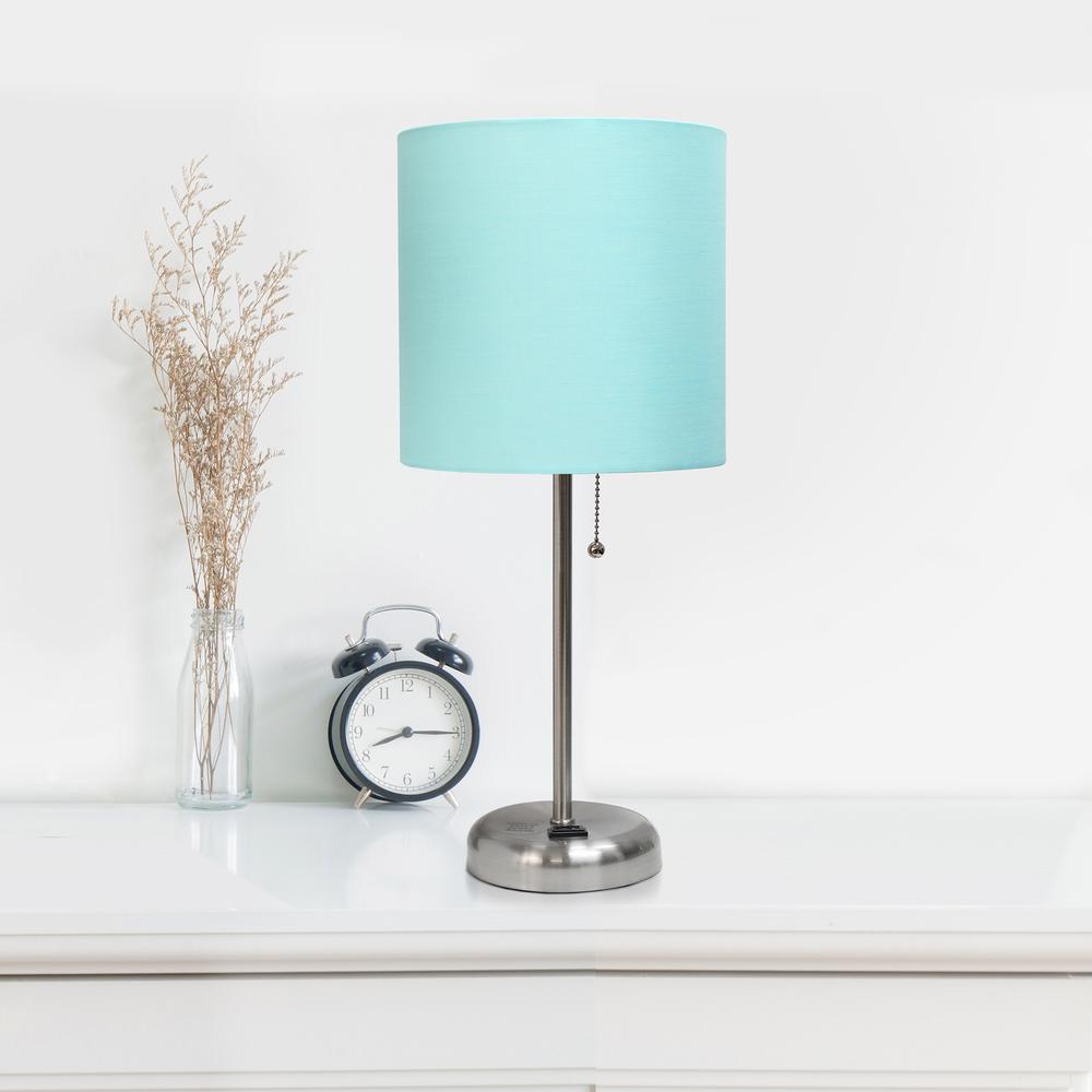 Simple Designs Stick Lamp with Charging Outlet and Fabric Shade, Aqua