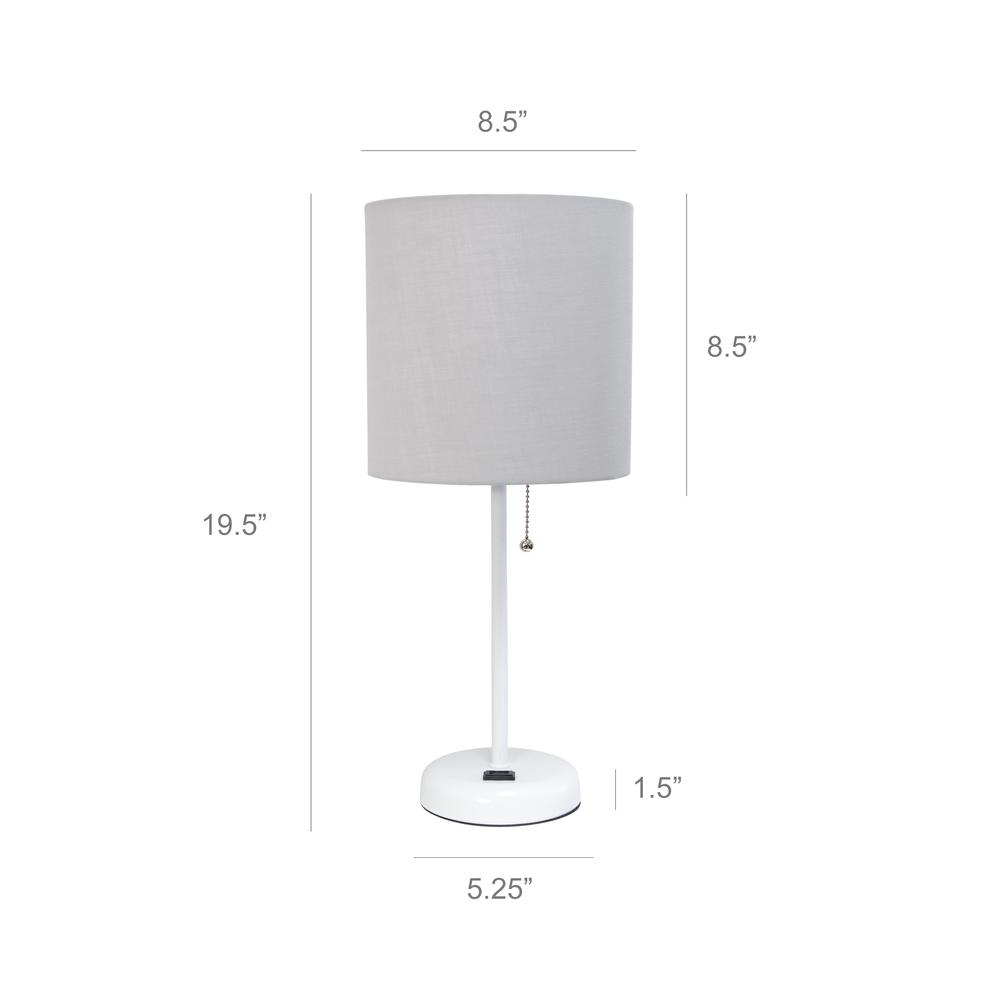 White Stick Lamp with Charging Outlet and Fabric Shade, Gray. Picture 4