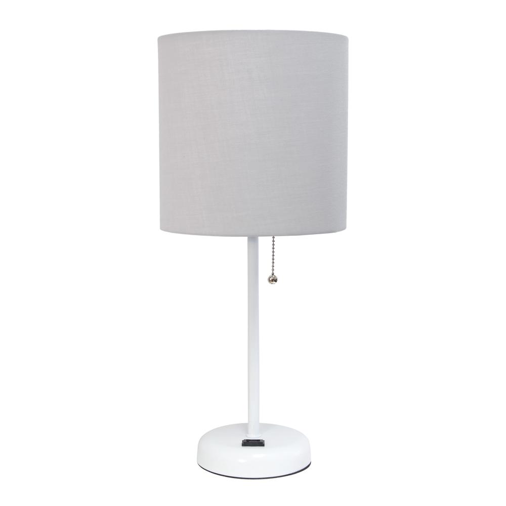 White Stick Lamp with Charging Outlet and Fabric Shade, Gray. Picture 7