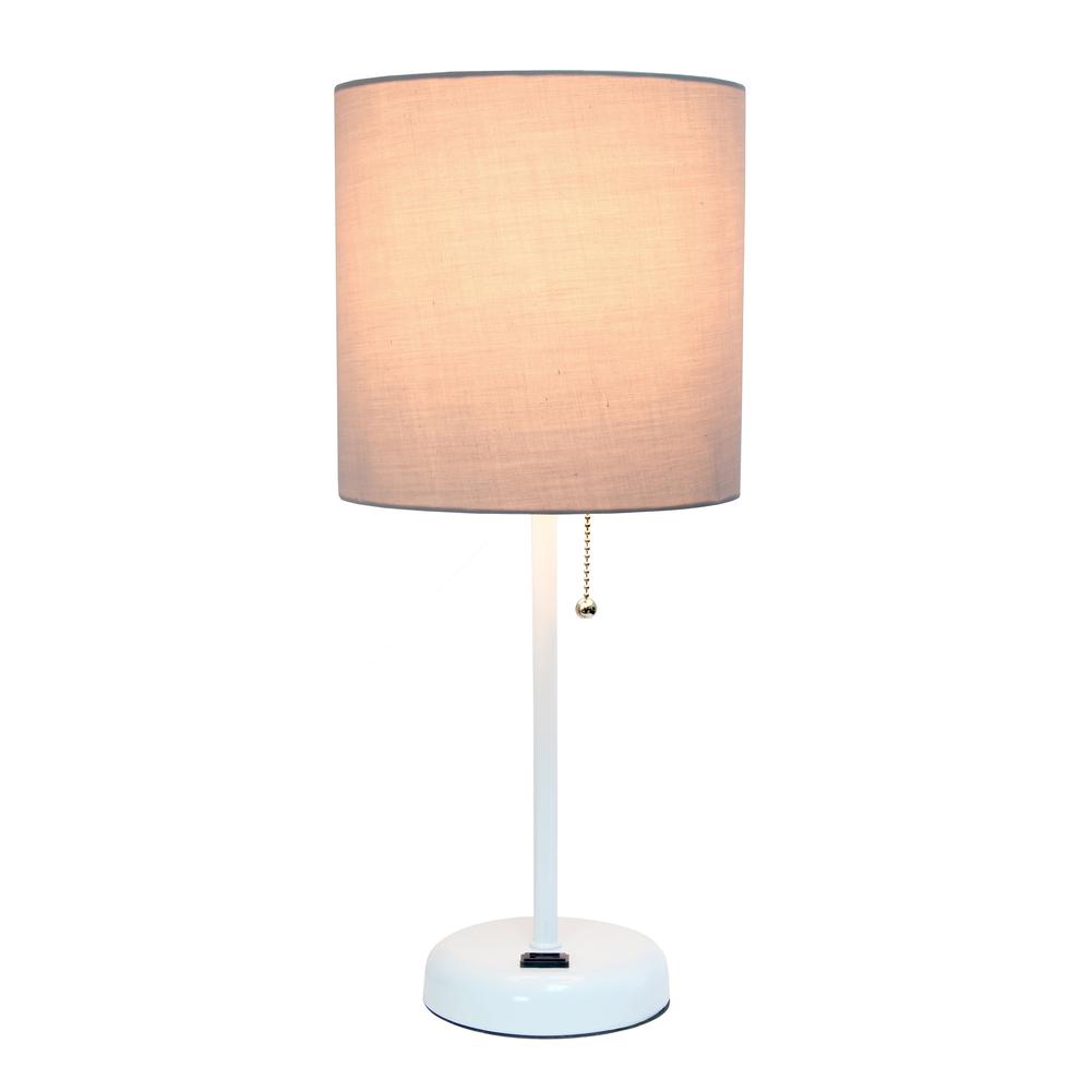 White Stick Lamp with Charging Outlet and Fabric Shade, Gray. Picture 8