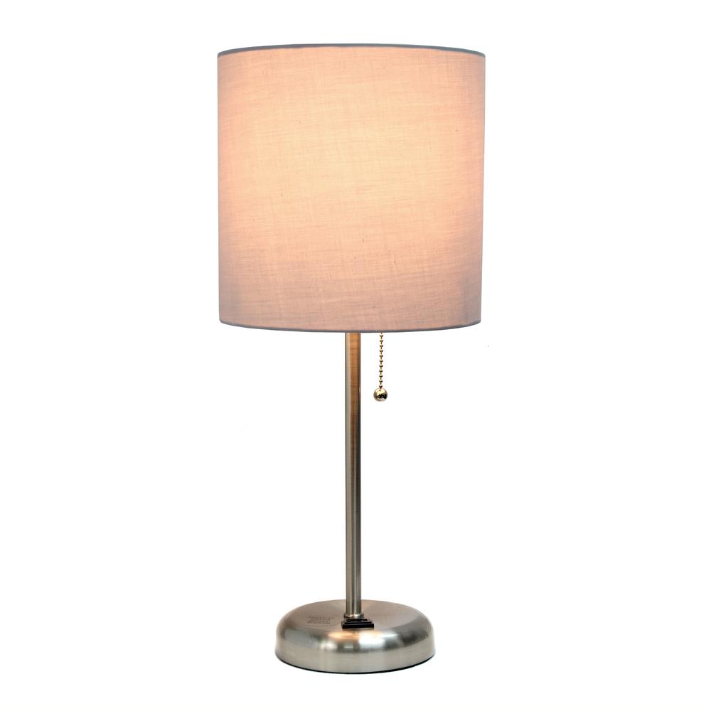 LimeLights Stick Lamp with Charging Outlet and Fabric Shade, Grey. Picture 1
