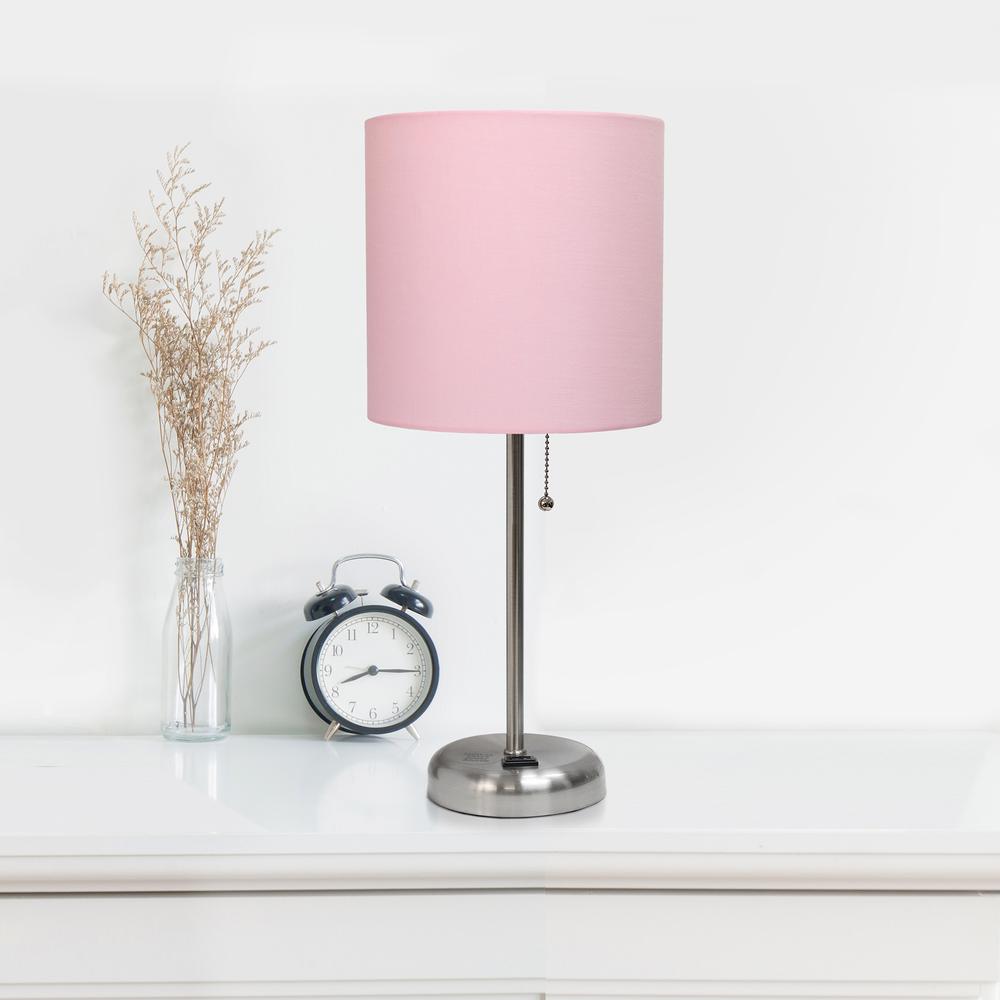 LimeLights Stick Lamp with Charging Outlet and Fabric Shade, Light Pink. Picture 1
