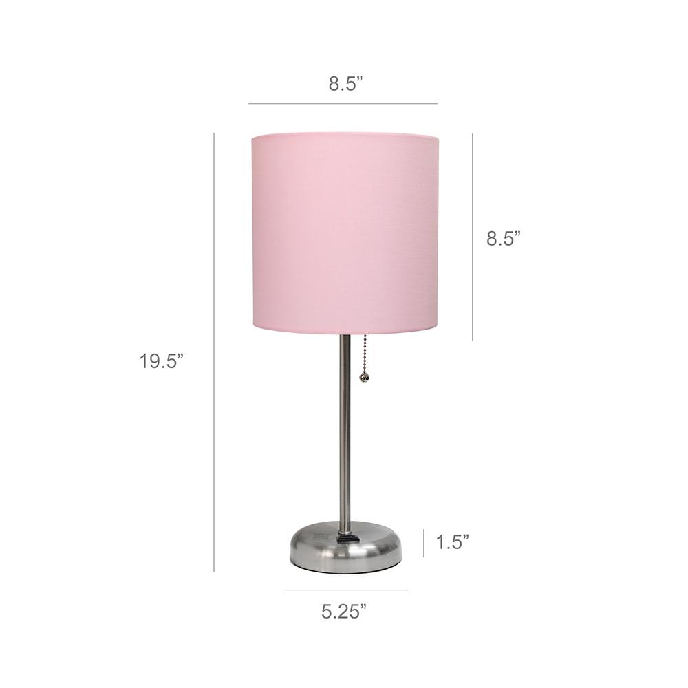 LimeLights Stick Lamp with Charging Outlet and Fabric Shade, Light Pink. Picture 3