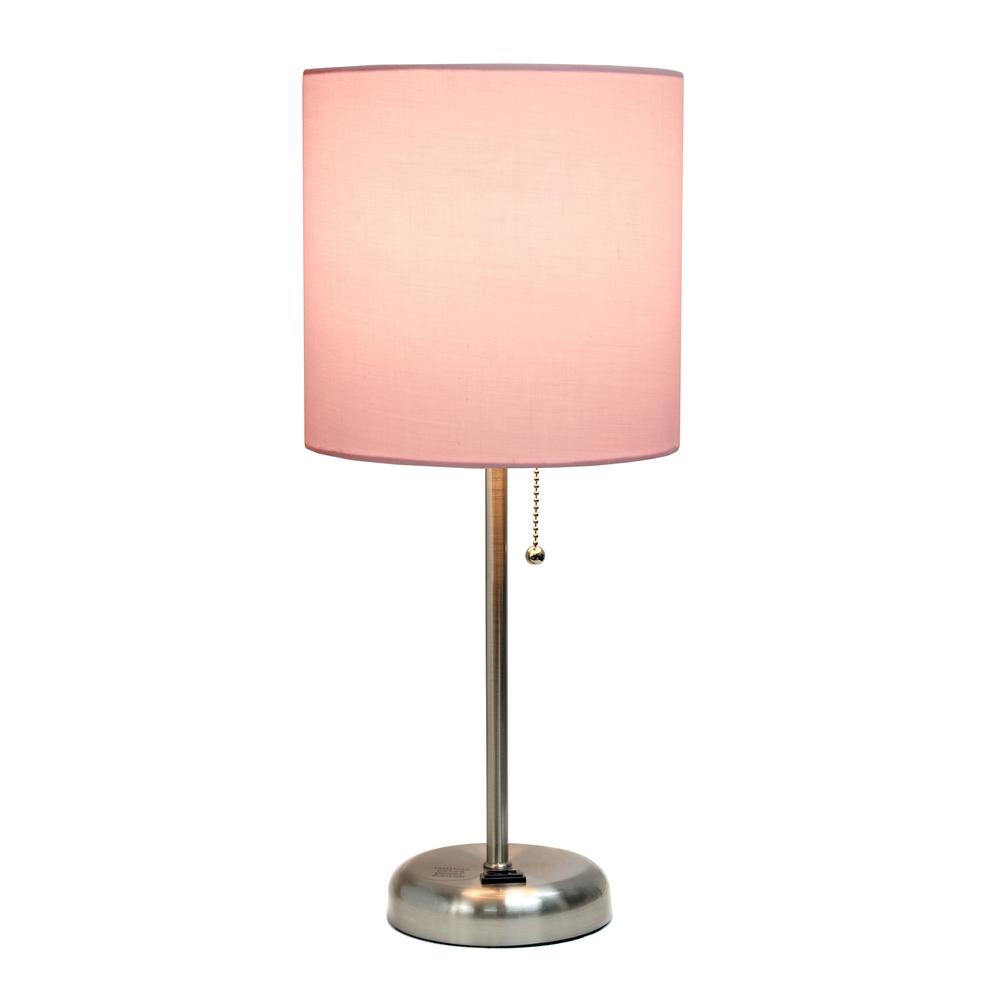 LimeLights Stick Lamp with Charging Outlet and Fabric Shade, Light Pink. Picture 6