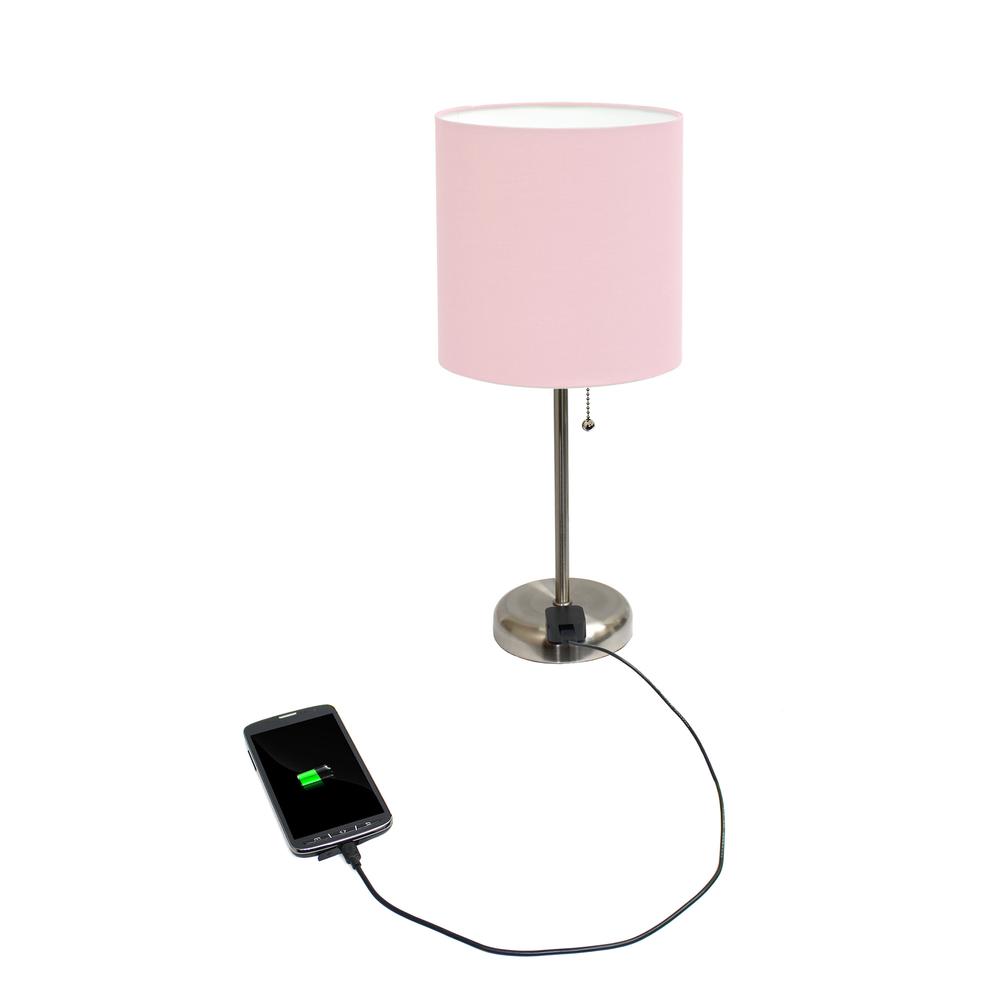 LimeLights Stick Lamp with Charging Outlet and Fabric Shade, Light Pink. Picture 7