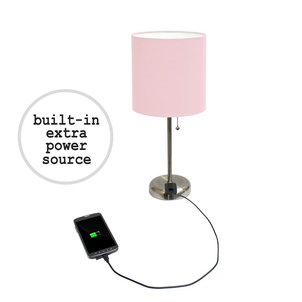 LimeLights Stick Lamp with Charging Outlet and Fabric Shade, Light Pink. Picture 8