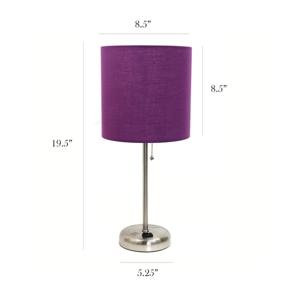 Simple Designs Stick Lamp with Charging Outlet and Fabric Shade, Purple