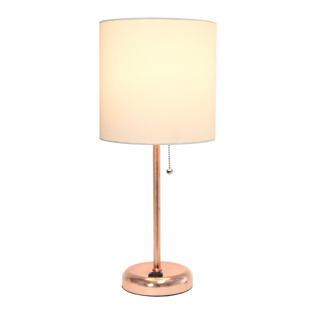 Rose Gold Stick Lamp with Charging Outlet and Fabric Shade. Picture 8