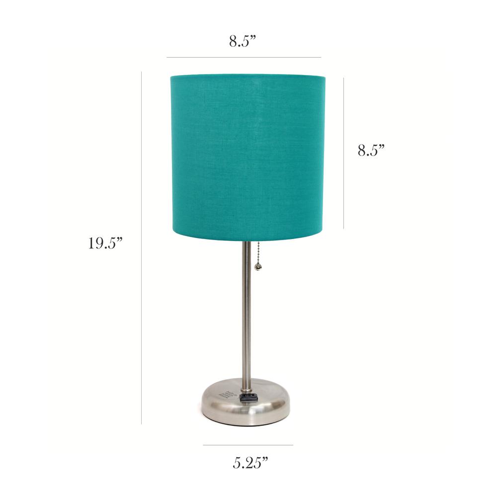 Simple Designs Stick Lamp with Charging Outlet and Fabric Shade, Teal