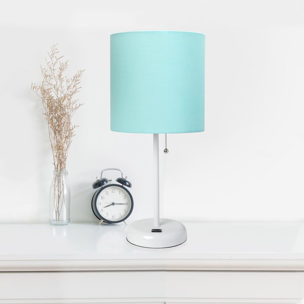 LimeLights White Stick Lamp with USB charging port and Fabric Shade, Aqua. Picture 2