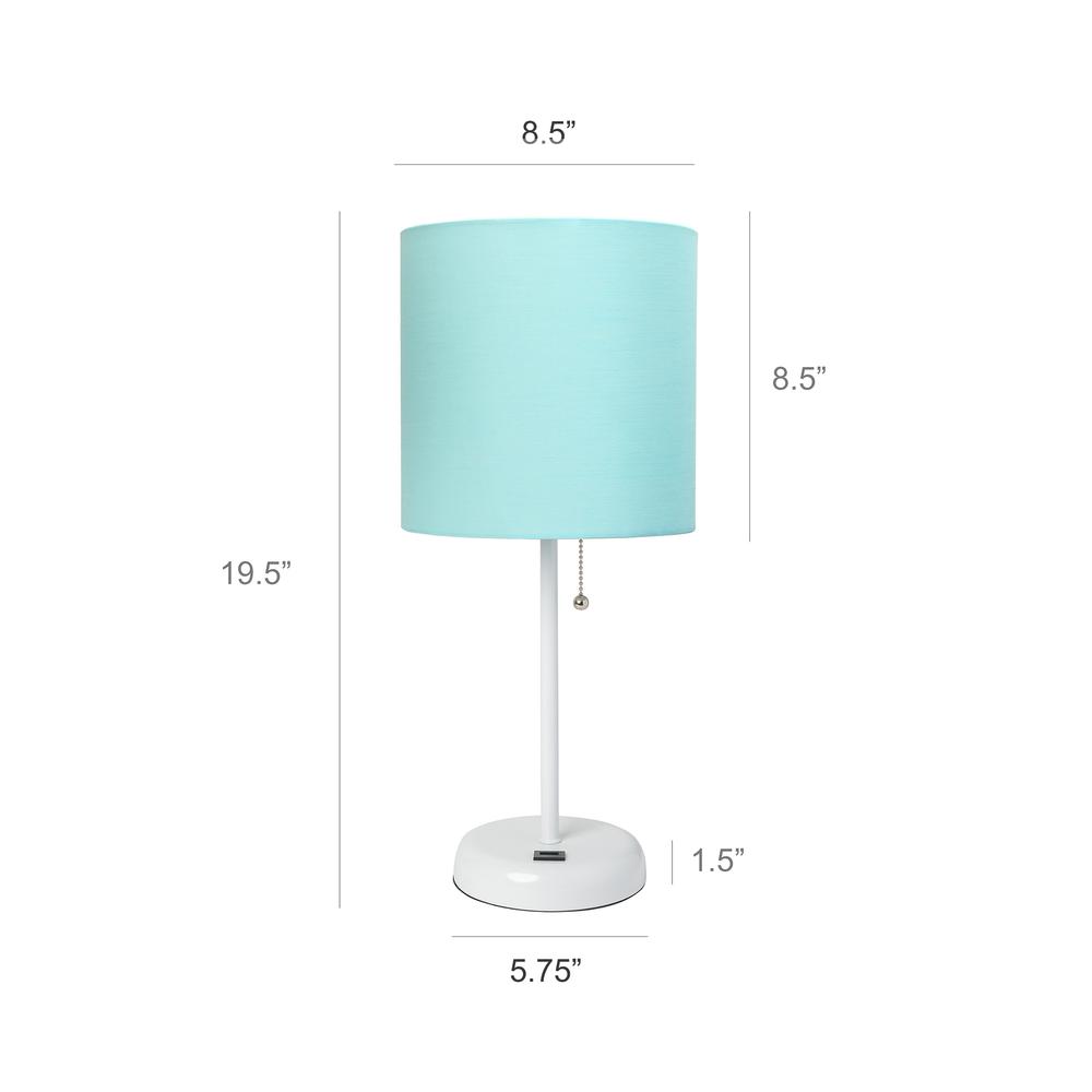 LimeLights White Stick Lamp with USB charging port and Fabric Shade, Aqua. Picture 5