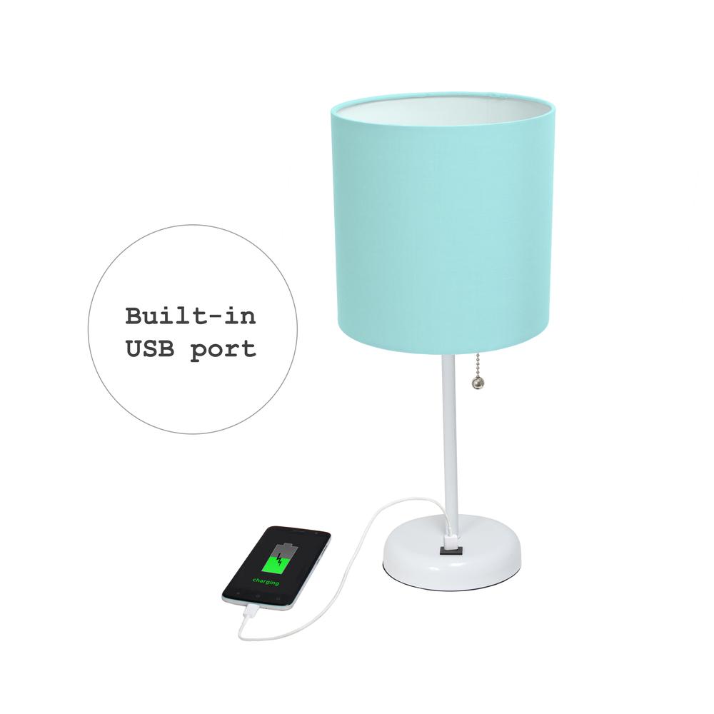 LimeLights White Stick Lamp with USB charging port and Fabric Shade, Aqua. Picture 6