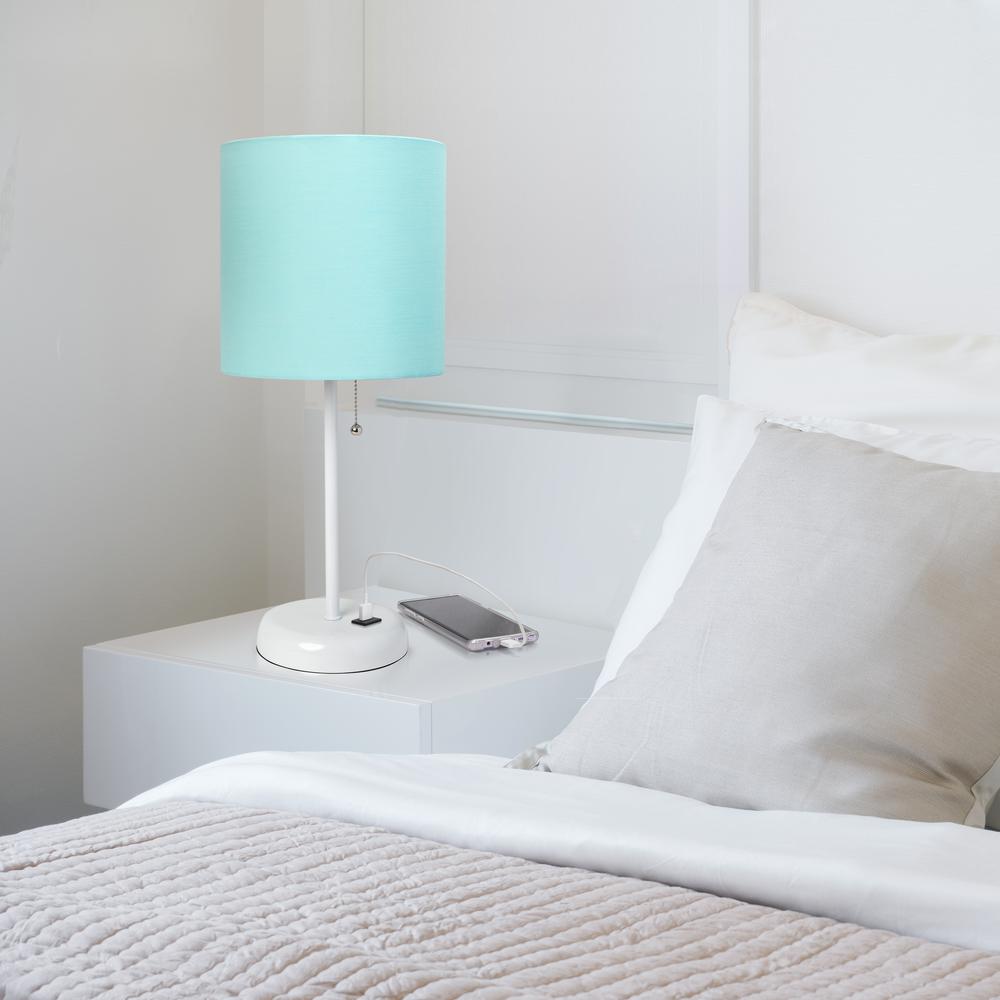 LimeLights White Stick Lamp with USB charging port and Fabric Shade, Aqua. Picture 7