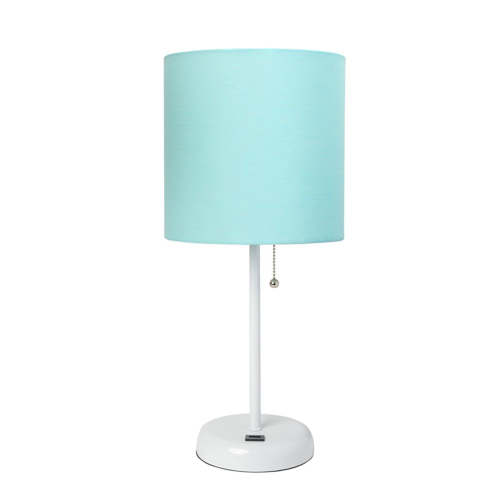 LimeLights White Stick Lamp with USB charging port and Fabric Shade, Aqua. Picture 8