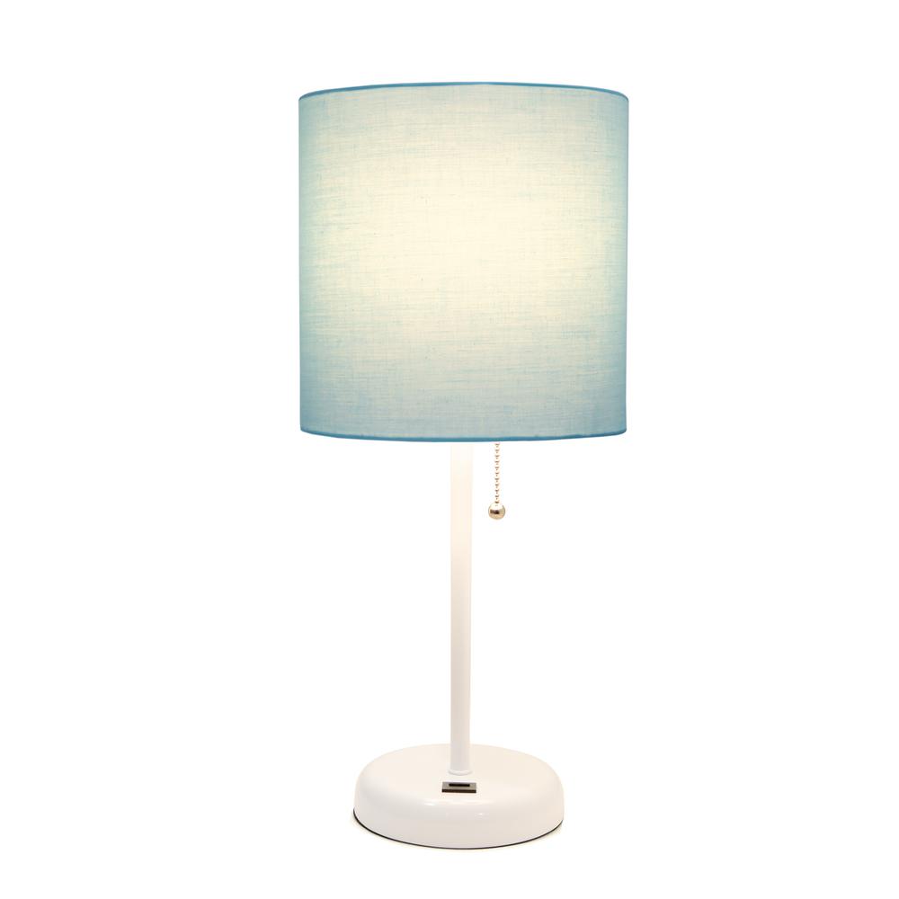 LimeLights White Stick Lamp with USB charging port and Fabric Shade, Aqua. Picture 9