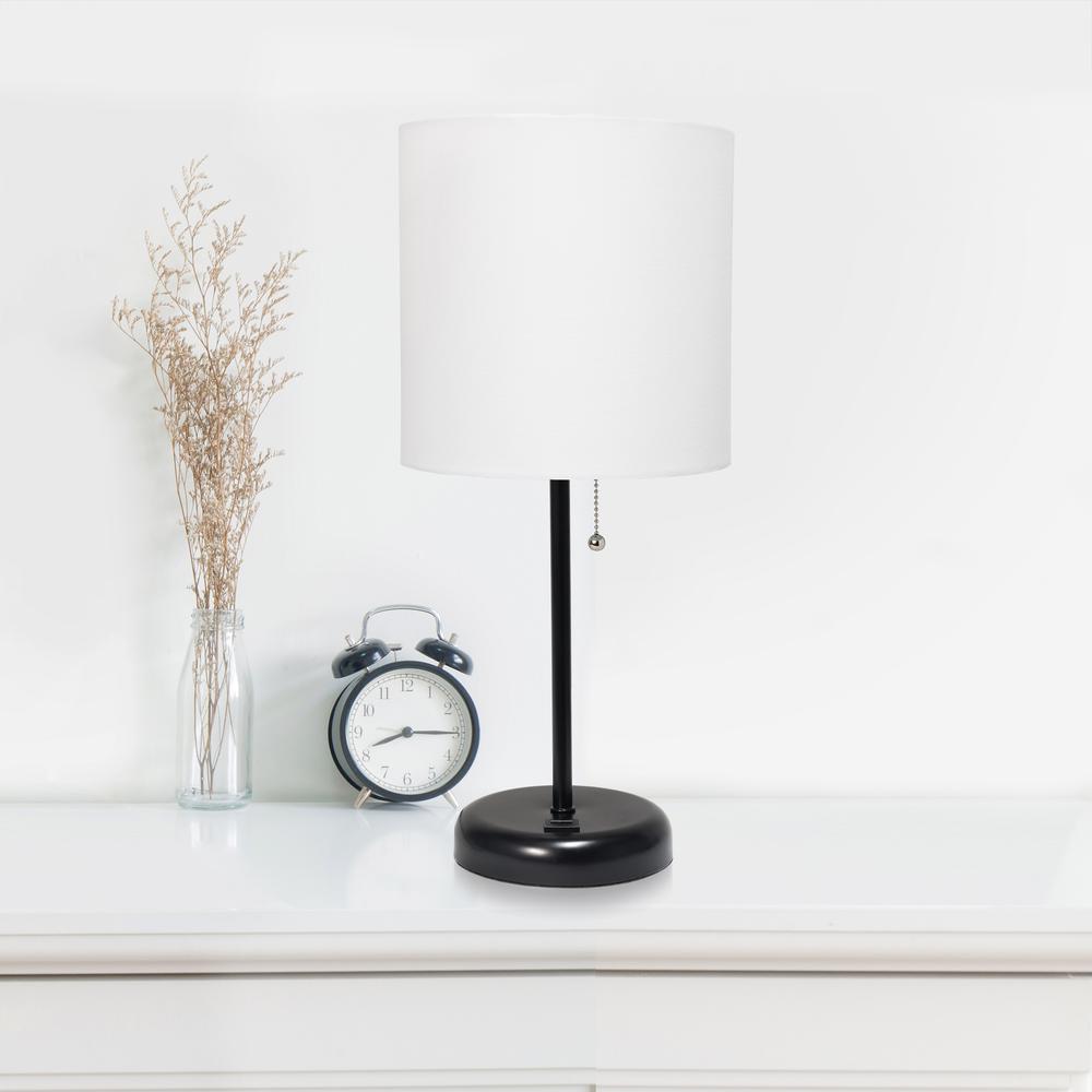Black Stick Lamp with USB charging port and Fabric Shade, White. Picture 2