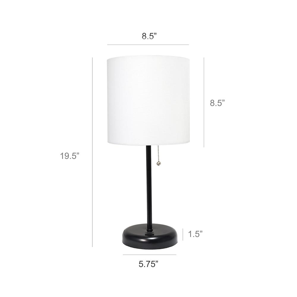 Black Stick Lamp with USB charging port and Fabric Shade, White. Picture 5