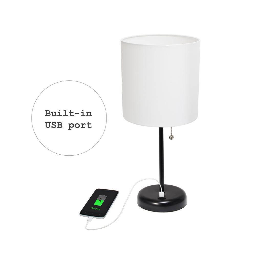 Black Stick Lamp with USB charging port and Fabric Shade, White. Picture 6