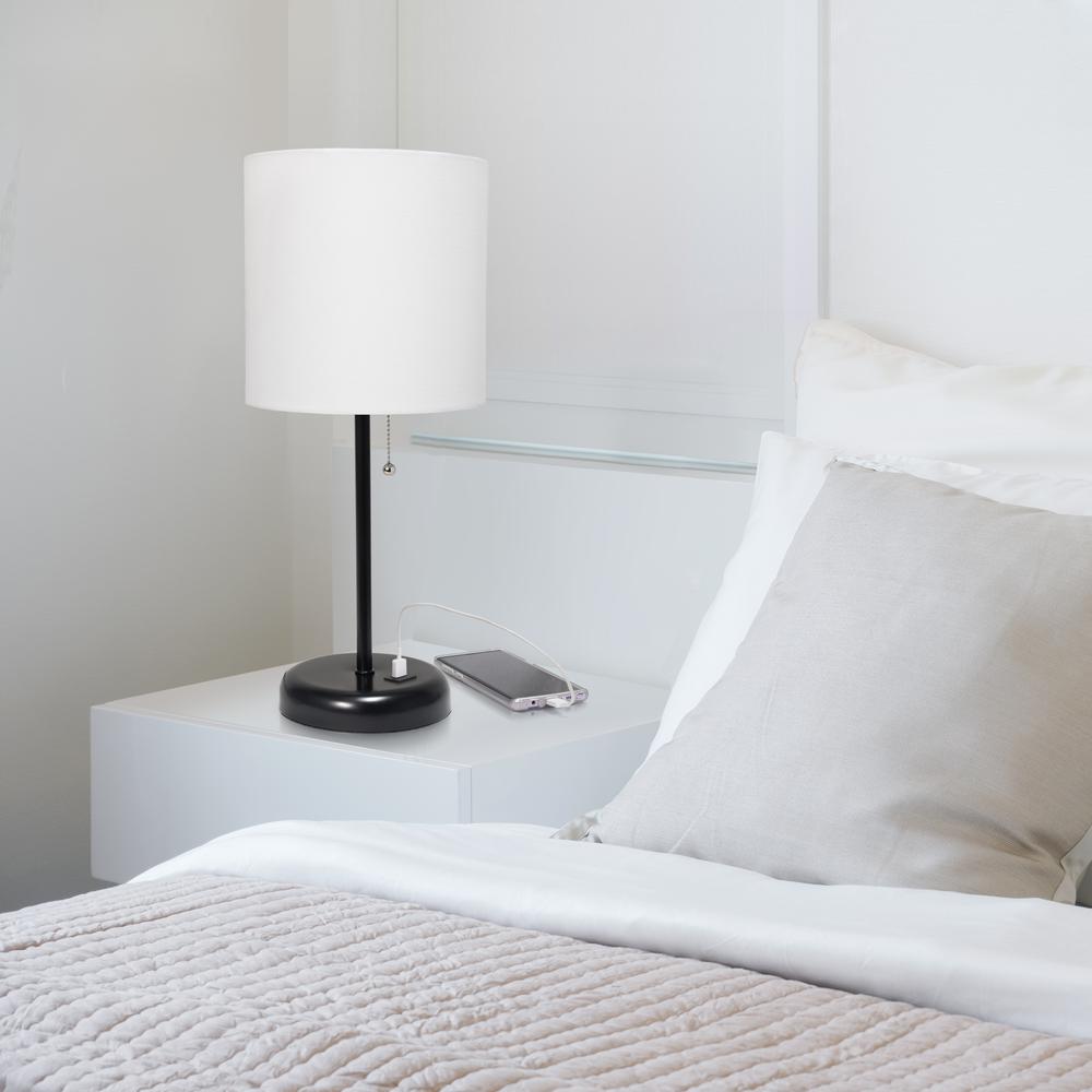 Black Stick Lamp with USB charging port and Fabric Shade, White. Picture 7