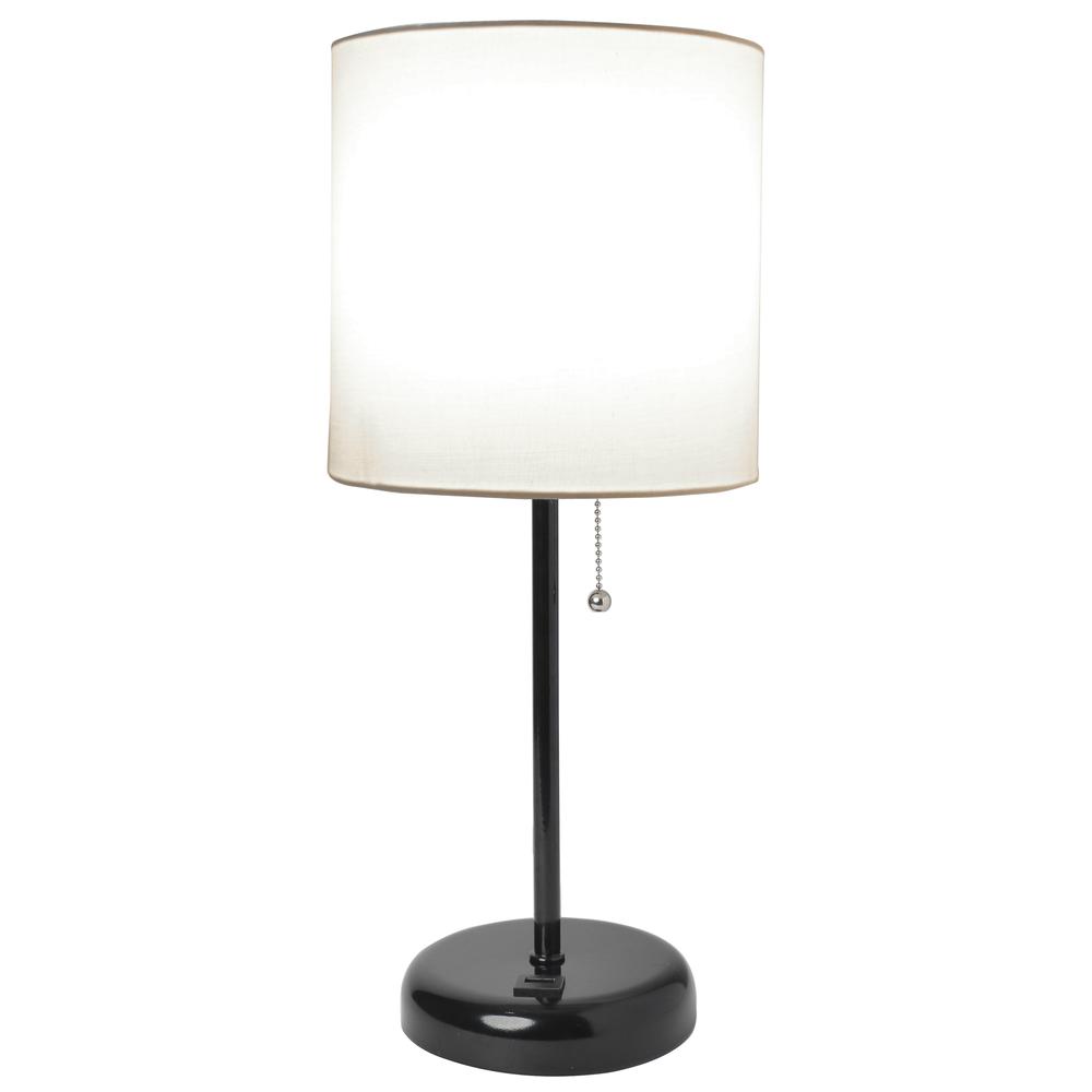 Black Stick Lamp with USB charging port and Fabric Shade, White. Picture 12