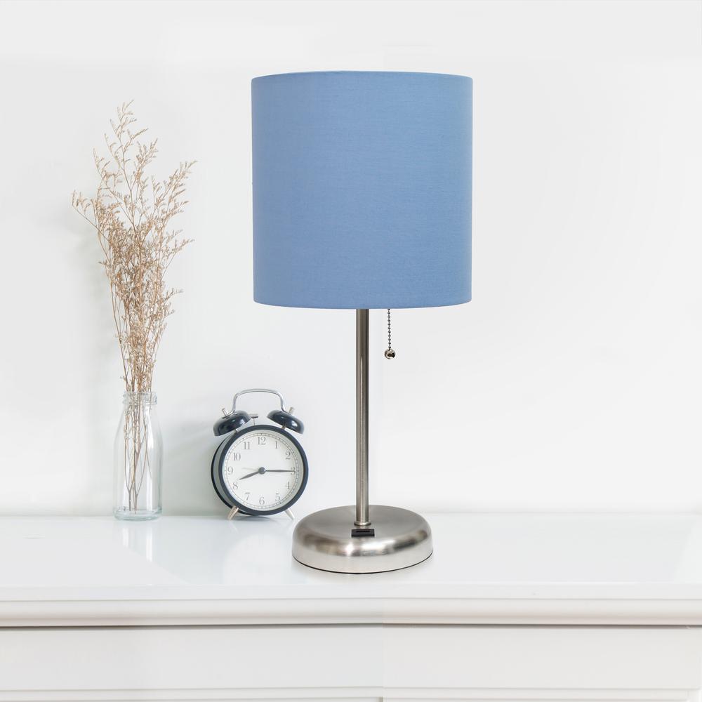 Simple Designs Stick Lamp with USB charging port and Fabric Shade, Blue