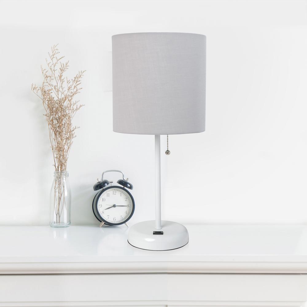 White Stick Lamp with USB charging port and Fabric Shade, Gray. Picture 2