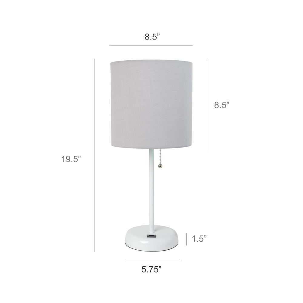 White Stick Lamp with USB charging port and Fabric Shade, Gray. Picture 4