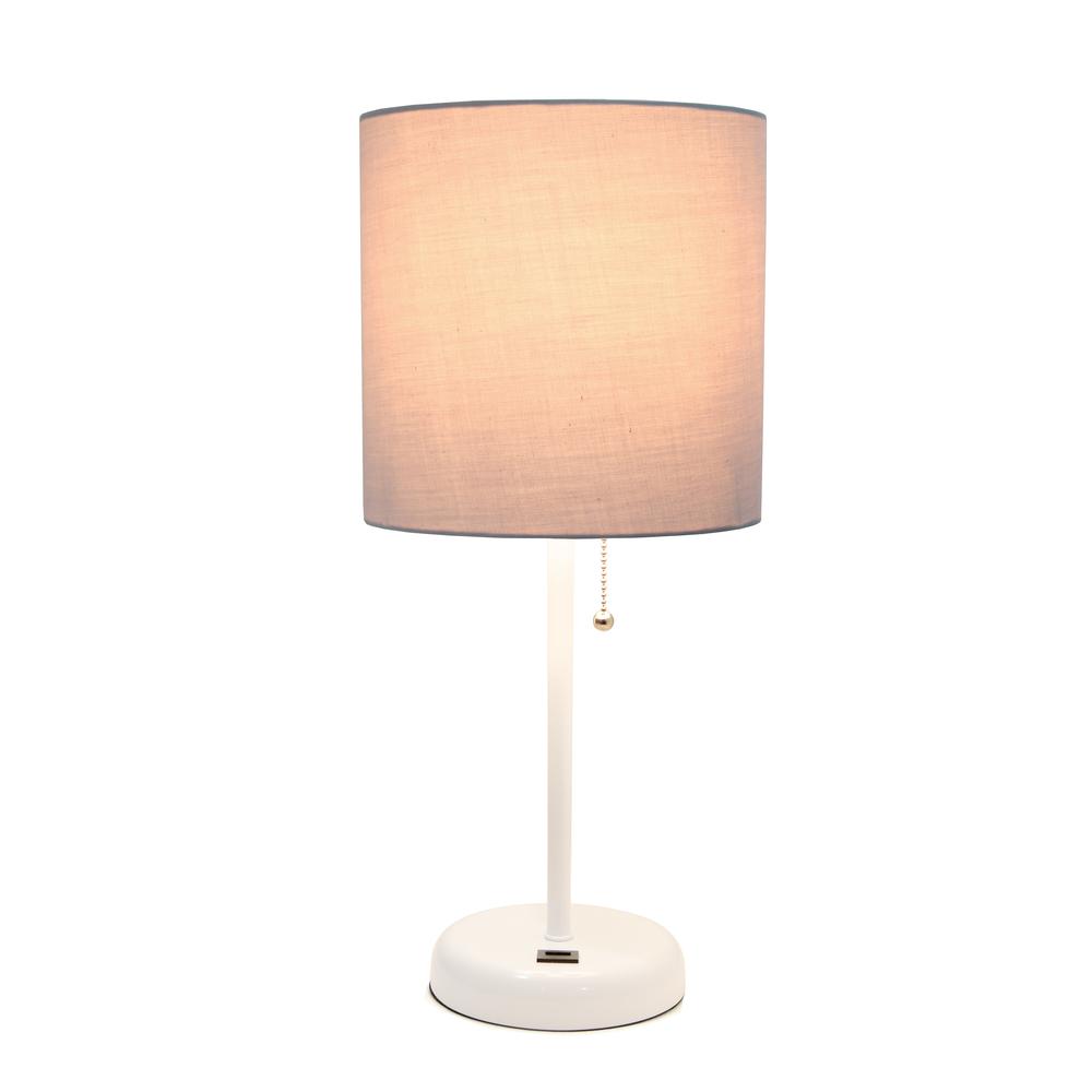 White Stick Lamp with USB charging port and Fabric Shade, Gray. Picture 8