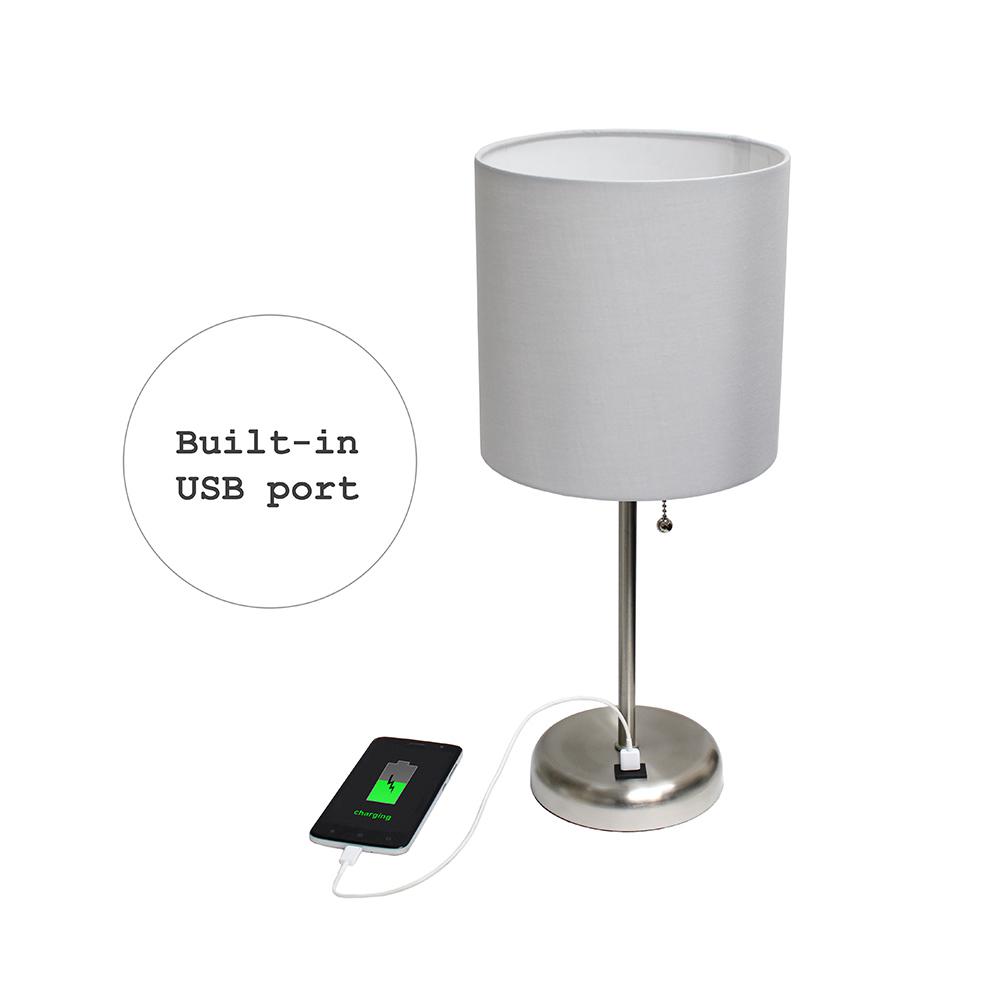 Stick Lamp with USB charging port and Fabric Shade, Gray. Picture 6