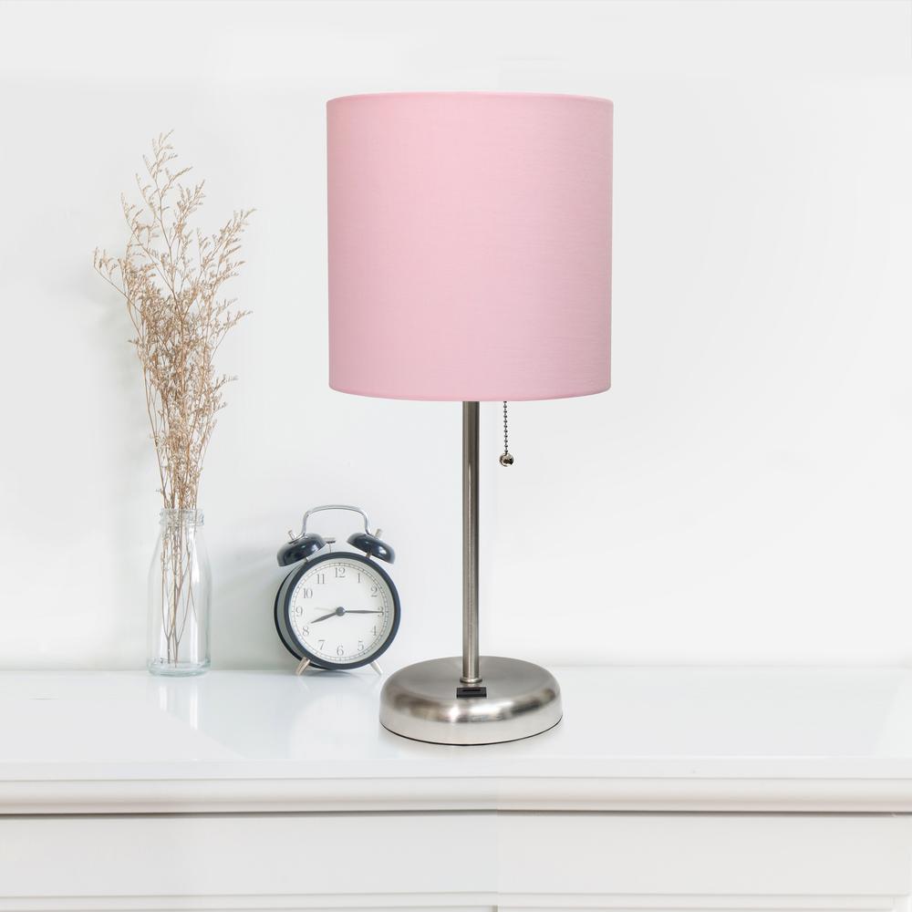 Simple Designs Stick Lamp with USB charging port and Fabric Shade, Light Pink