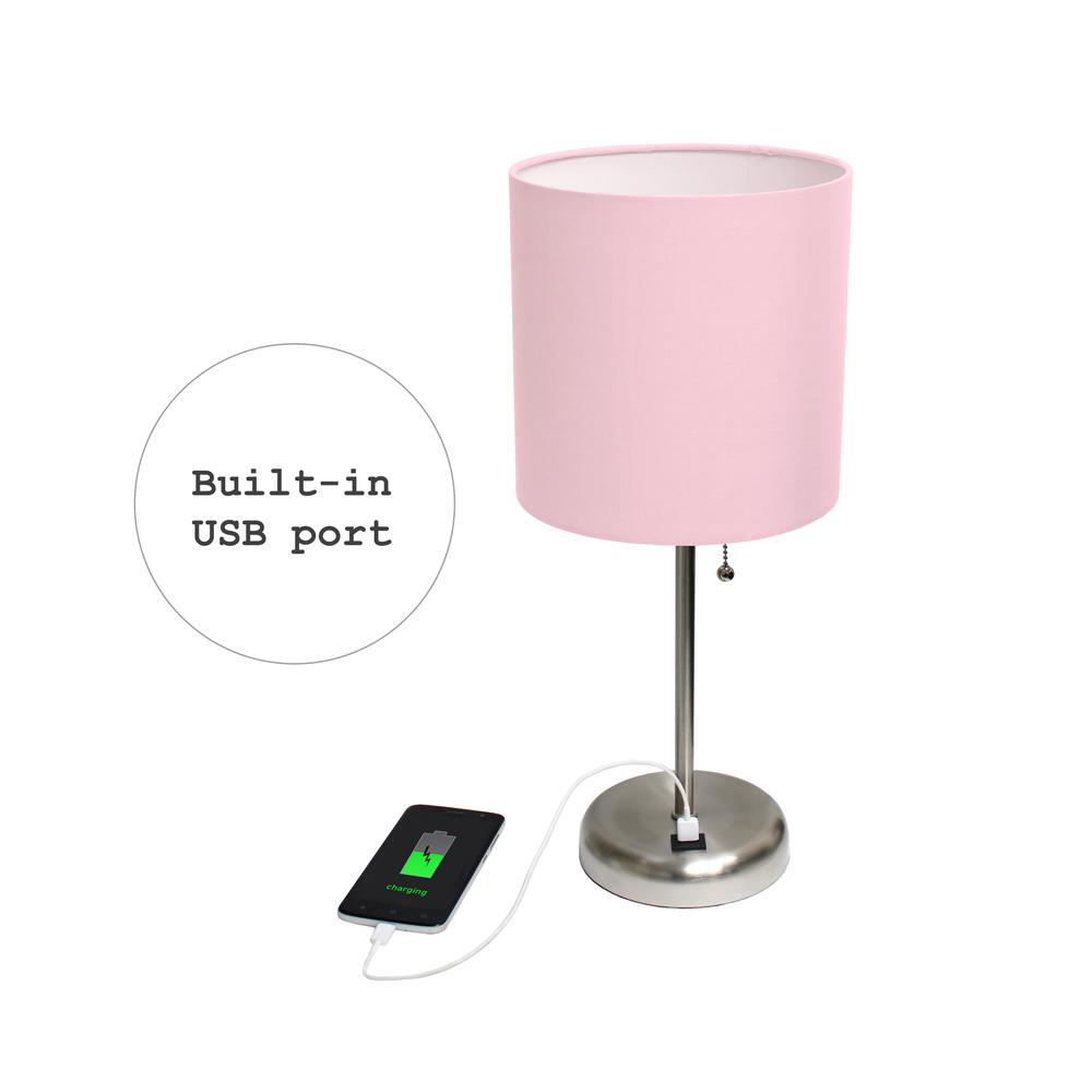 LimeLights Stick Lamp with USB charging port and Fabric Shade, Light Pink. Picture 5