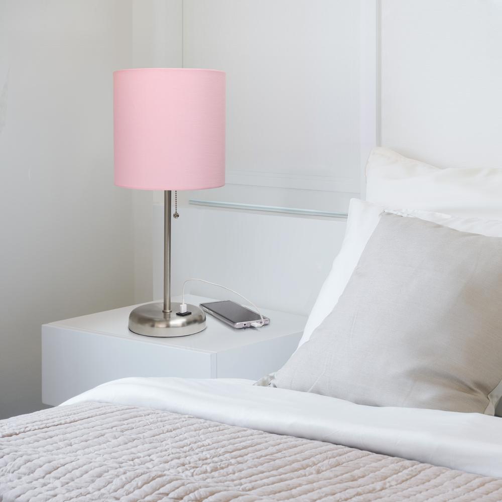 Stick Lamp with USB charging port and Fabric Shade, Light Pink. Picture 6