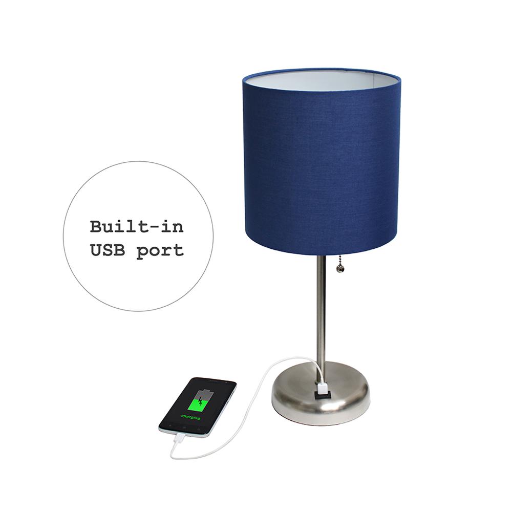 LimeLights Stick Lamp with USB charging port and Fabric Shade, Navy. Picture 5